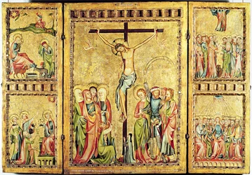 Altarbild mit der Kreuzigung im Mittelteil und Szenen aus dem Leben Christi auf den Seitenflügeln, ca. 1330